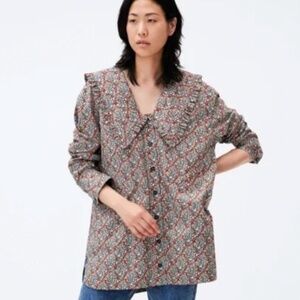 GANNI Printed Cotton Poplin V-neck Frill Collar Wide Shirt  Size 36 (6)